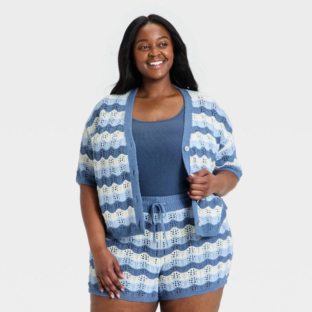 Women's Short Sleeve Cardigan Sweater - Universal Thread Blue Striped 3X